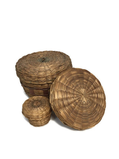 Vintage Sweetgrass Baskets - Set of 3 Sewing Baskets with Pincushion and Thimble - Duckwells