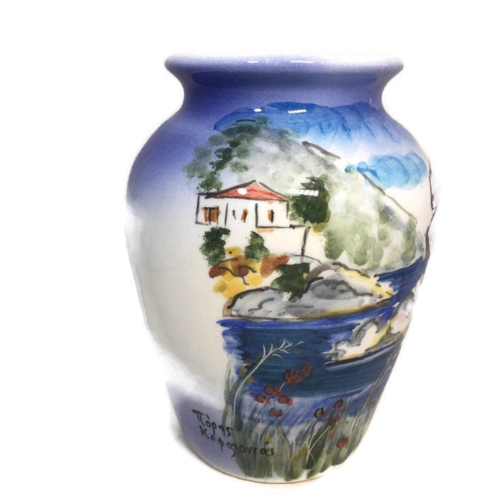 Vintage Greek Vase, Artist Signed Ceramic Water Scene - Duckwells