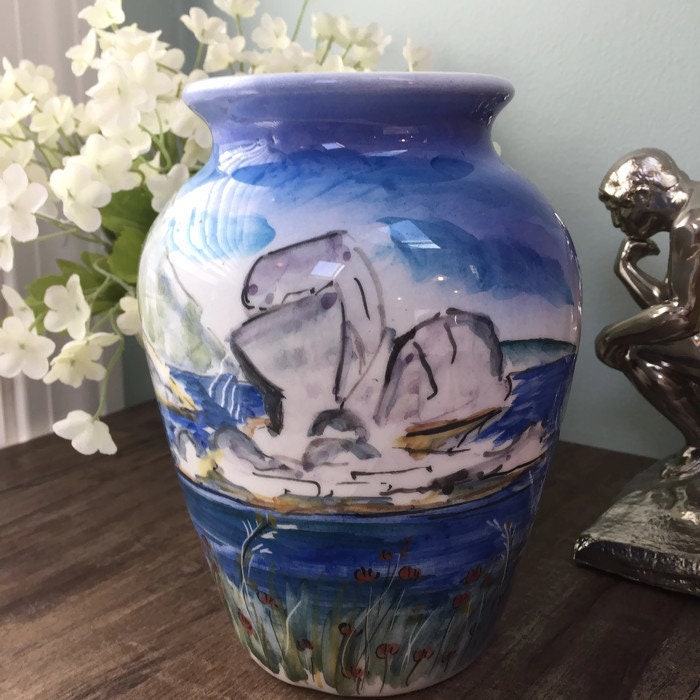 Vintage Greek Vase, Artist Signed Ceramic Water Scene - Duckwells