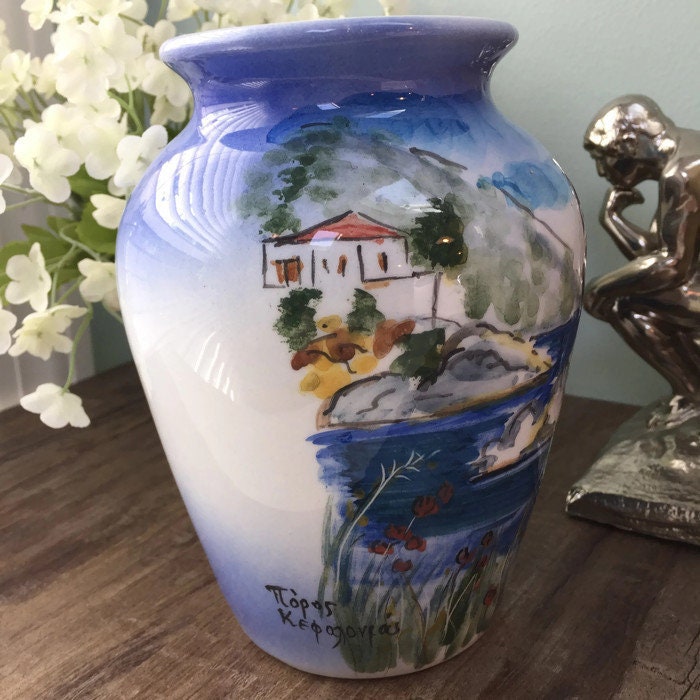 Vintage Greek Vase, Artist Signed Ceramic Water Scene - Duckwells