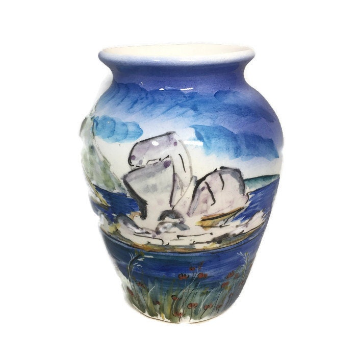 Vintage Greek Vase, Artist Signed Ceramic Water Scene - Duckwells