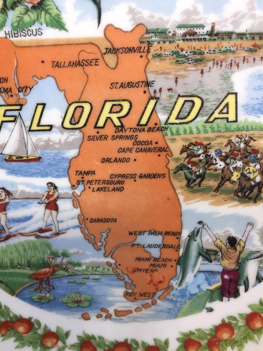 Vintage Florida Souvenir Plate - Collectible Home Decor, Mid Century Graphics - Duckwells