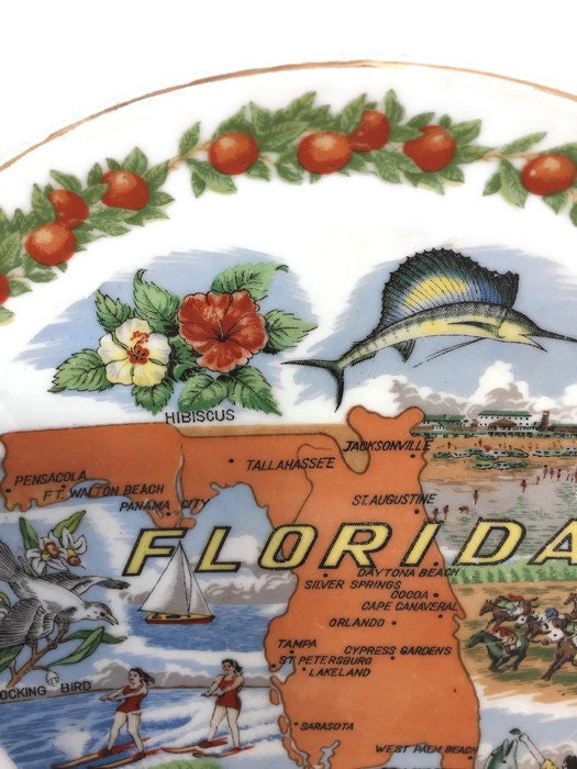 Vintage Florida Souvenir Plate - Collectible Home Decor, Mid Century Graphics - Duckwells
