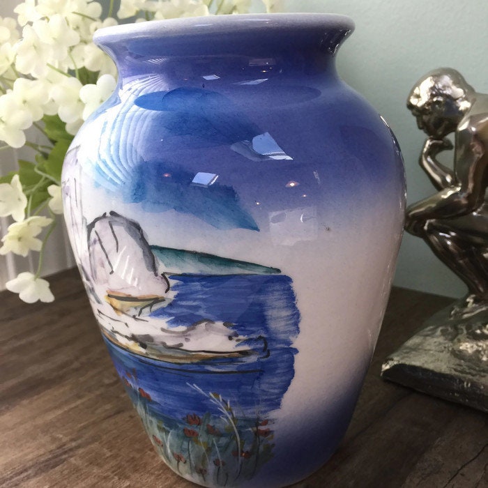 Vintage Greek Vase, Artist Signed Ceramic Water Scene - Duckwells