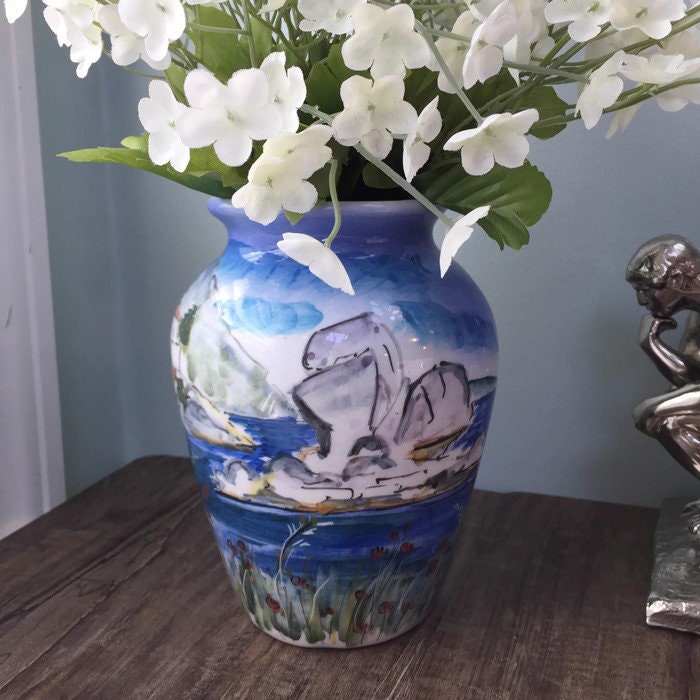 Vintage Greek Vase, Artist Signed Ceramic Water Scene - Duckwells
