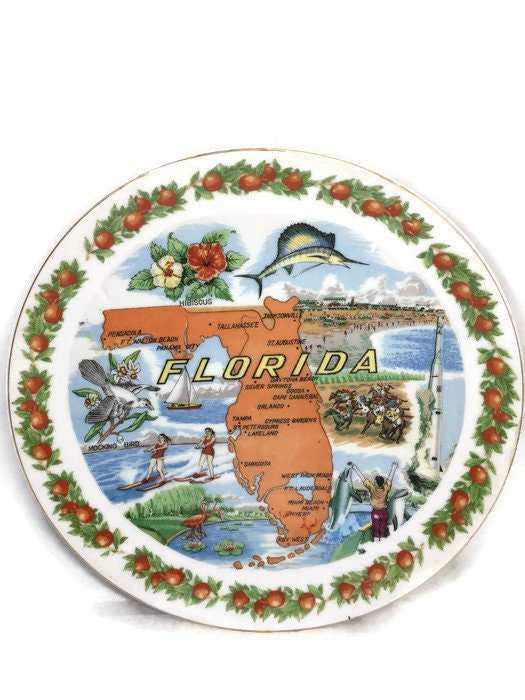 Vintage Florida Souvenir Plate - Collectible Home Decor, Mid Century Graphics - Duckwells