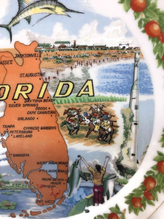 Vintage Florida Souvenir Plate - Collectible Home Decor, Mid Century Graphics - Duckwells