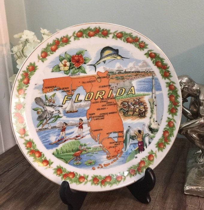 Vintage Florida Souvenir Plate - Collectible Home Decor, Mid Century Graphics - Duckwells