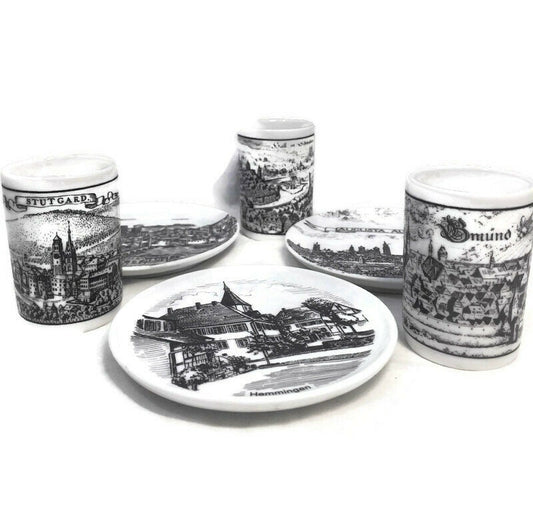 Vintage German Porcelain Shot Glasses and Coasters, Set of 6 - Duckwells