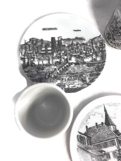 Vintage German Porcelain Shot Glasses and Coasters, Set of 6 - Duckwells