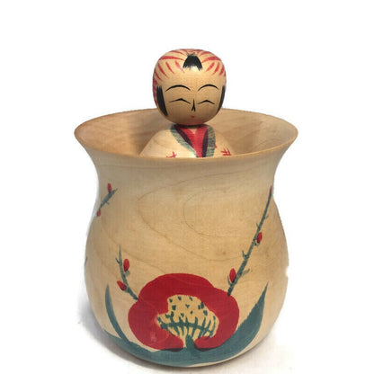 Vintage Kokeshi Jar, Signed Japanese Wood Collectible Storage Container - Duckwells