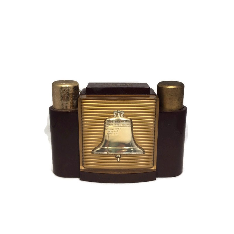Vintage Bakelite Cigarette Box Dispenser, 1950's Liberty Bell Lighter Set
