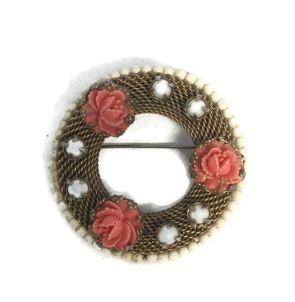 Vintage Coral Rose Goldtone Mesh Wreath Pin - Duckwells