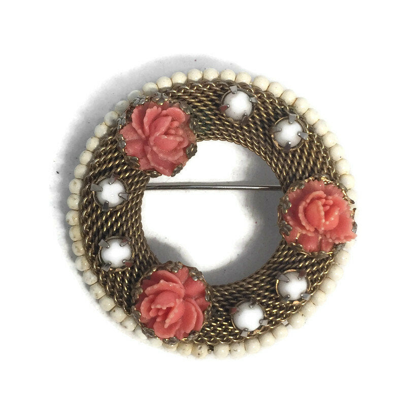 Vintage Coral Rose Goldtone Mesh Wreath Pin - Duckwells