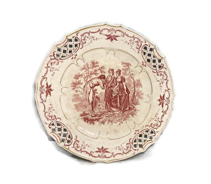 Antique Red Transferware Plate -  Rare Watteau