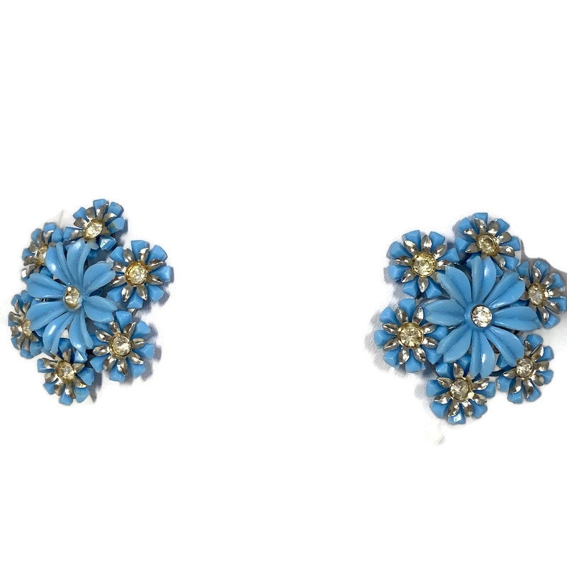 Midcentury Blue Flower Clip On Earrings