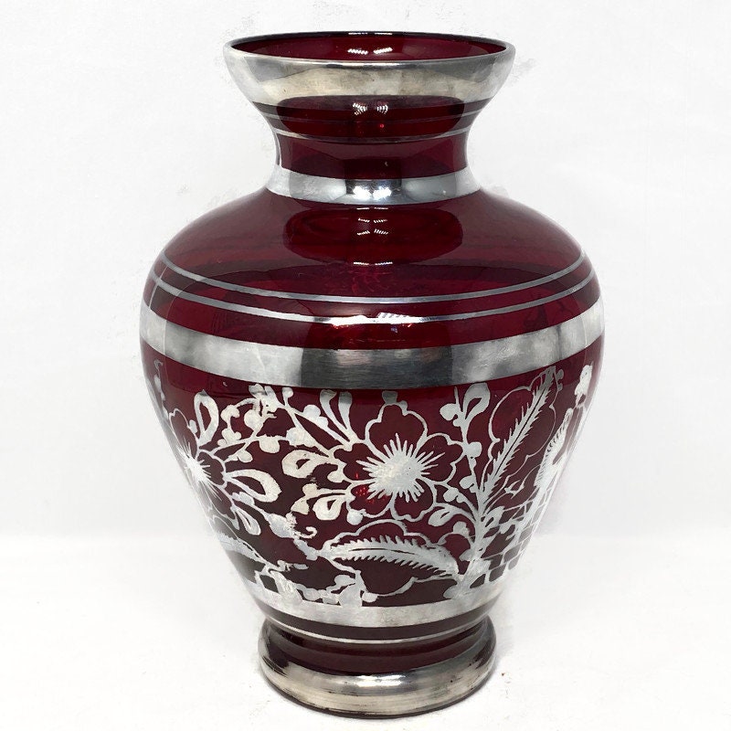 Vintage Red Ruby Glass Vase with Sterling Silver Overlay