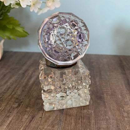 Vintage Inkwell Jar, Cut Clear Crystal with Metal Hinged Lid
