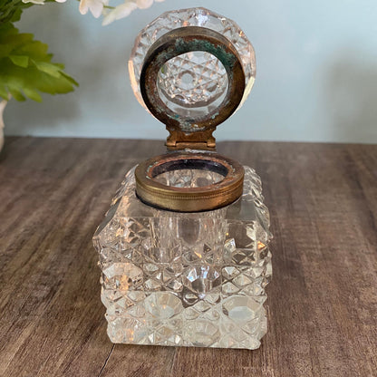 Vintage Inkwell Jar, Cut Clear Crystal with Metal Hinged Lid