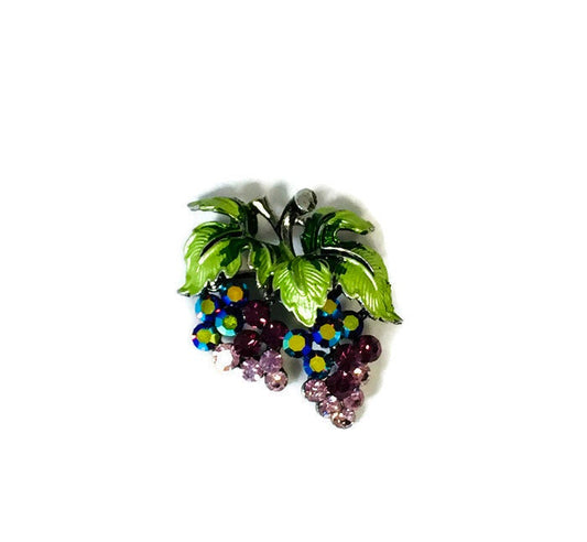 Vintage Rhinestone Grapes brooch, Sparkly pin, Kirks Folly Jewelry, Fruit Jewellery, Collectible Signed Pin, Purple and Green Pin - Duckwells