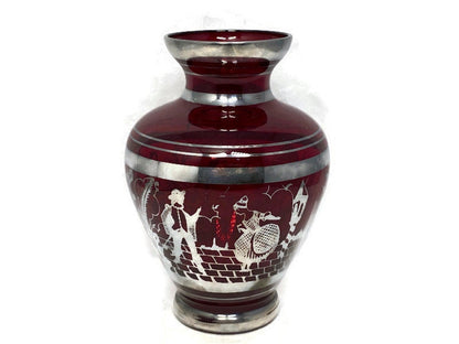 Vintage Red Ruby Glass Vase with Sterling Silver Overlay