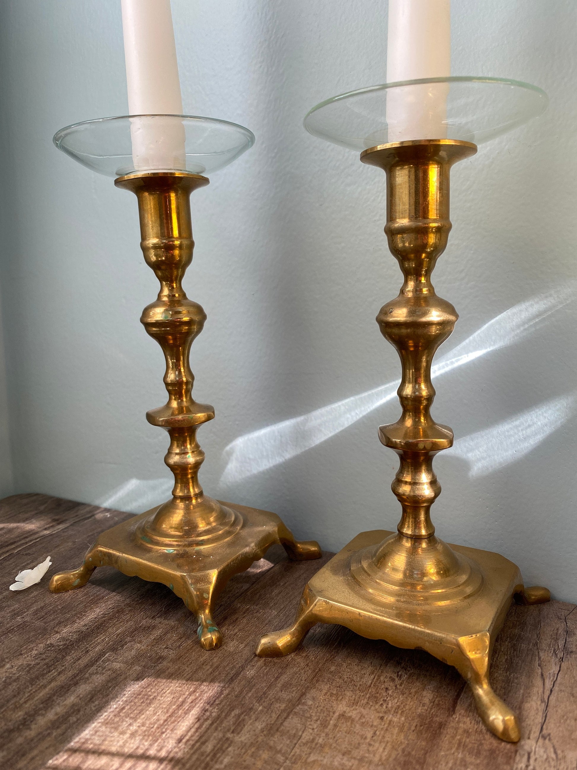 Vintage Brass Candlesticks, Pair of Candle Holders with Glass Bobeches