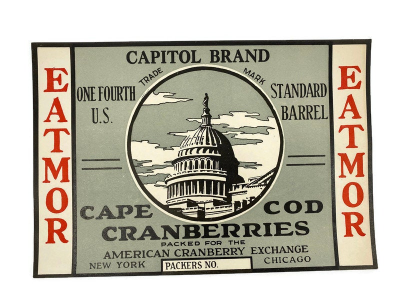 Vintage Fruit Label, Cape Cod Cranberries, The Capitol Building