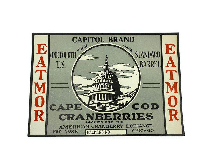 Vintage Fruit Label, Cape Cod Cranberries, The Capitol Building