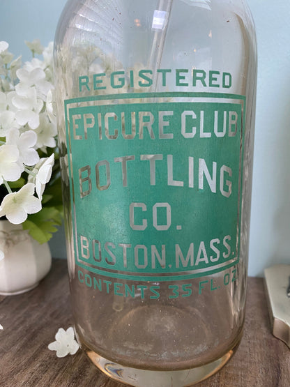Vintage Seltzer Bottle, Epicure Club Bottling Co. Boston, Massachusetts