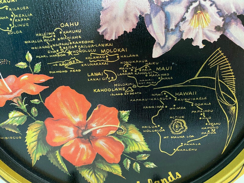 Vintage Mid Century Hawaii Tray, Black Metal Souvenir with Coasters