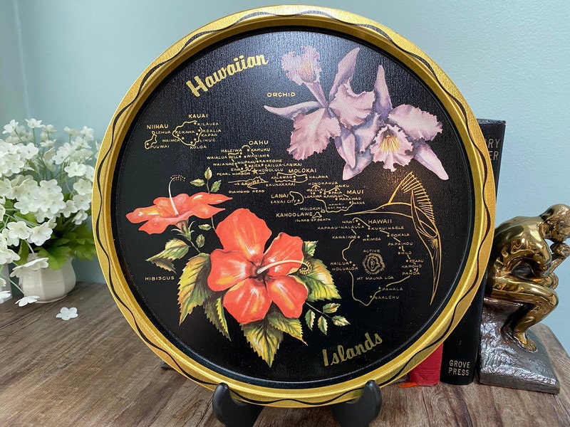Vintage Mid Century Hawaii Tray, Black Metal Souvenir with Coasters
