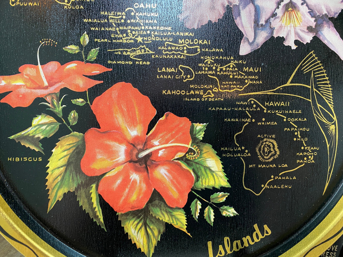 Vintage Mid Century Hawaii Tray, Black Metal Souvenir with Coasters