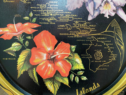 Vintage Mid Century Hawaii Tray, Black Metal Souvenir with Coasters
