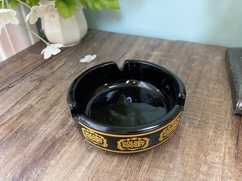 Vintage Las Vegas Golden Nugget Hotel - Black Glass Ashtray, Rat Pack, Mid Century, Old Las Vegas