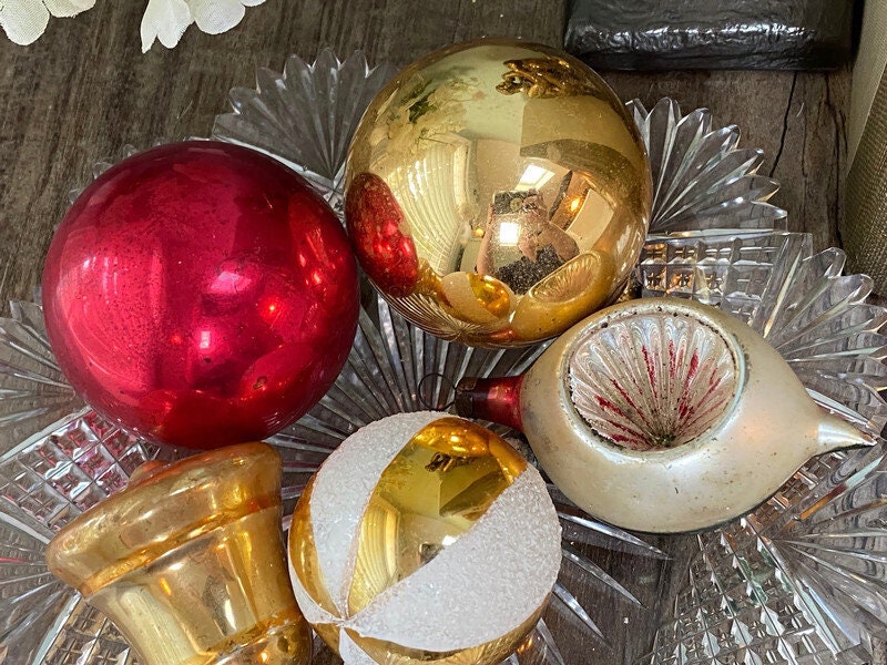 Vintage Glass Christmas Ornaments, Red and Gold Tree Decorations