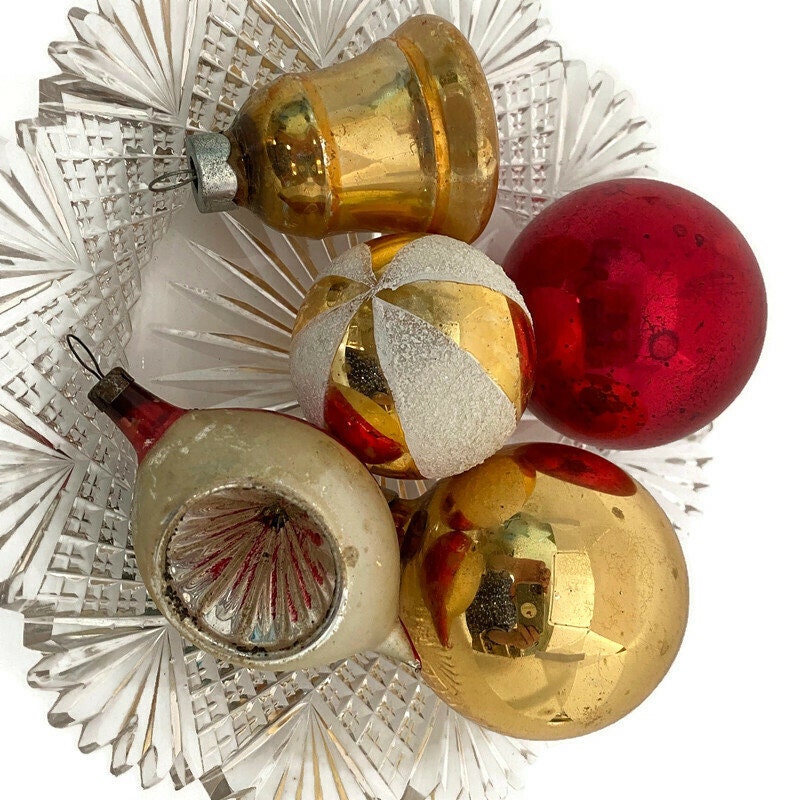Vintage Glass Christmas Ornaments, Red and Gold Tree Decorations