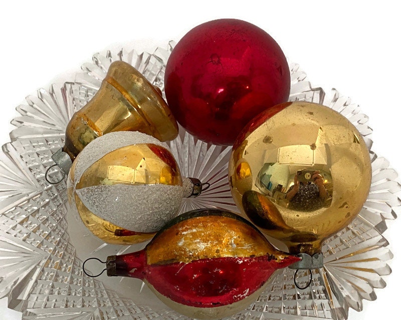 Vintage Glass Christmas Ornaments, Red and Gold Tree Decorations