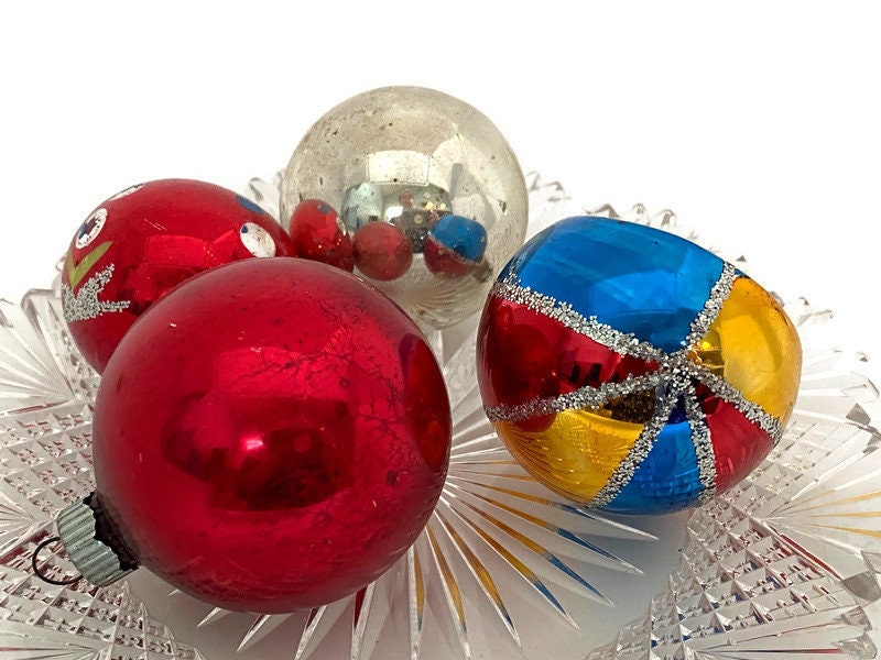 Vintage Glass Christmas Ornaments, Midcentury Holiday Tree Decorations