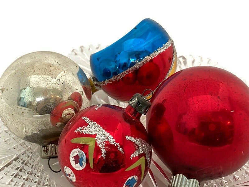 Vintage Glass Christmas Ornaments, Midcentury Holiday Tree Decorations