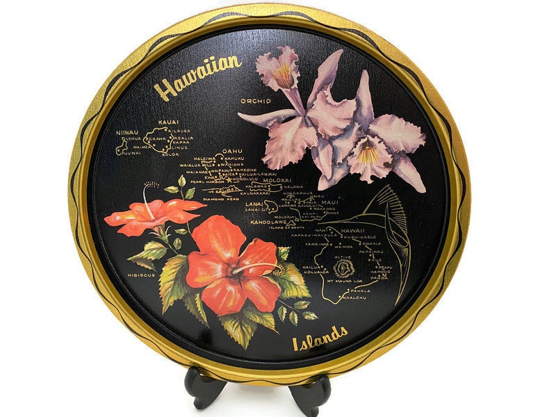 Vintage Mid Century Hawaii Tray, Black Metal Souvenir with Coasters