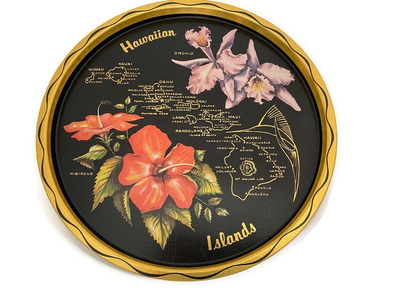 Vintage Mid Century Hawaii Tray, Black Metal Souvenir with Coasters