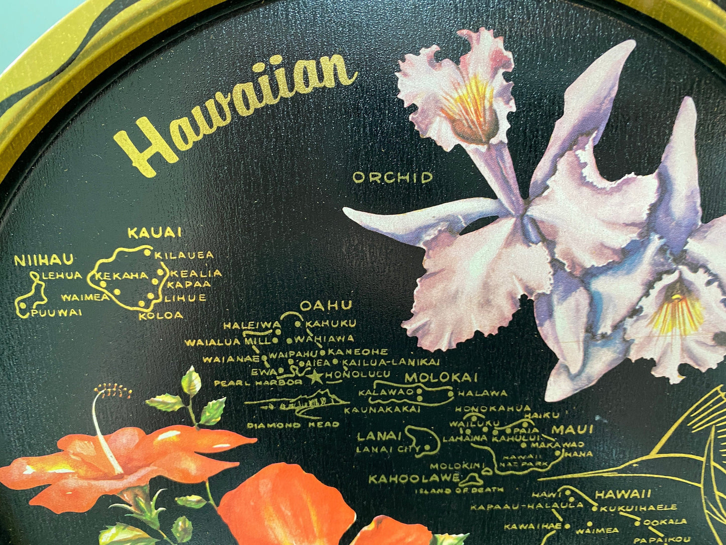 Vintage Mid Century Hawaii Tray, Black Metal Souvenir with Coasters