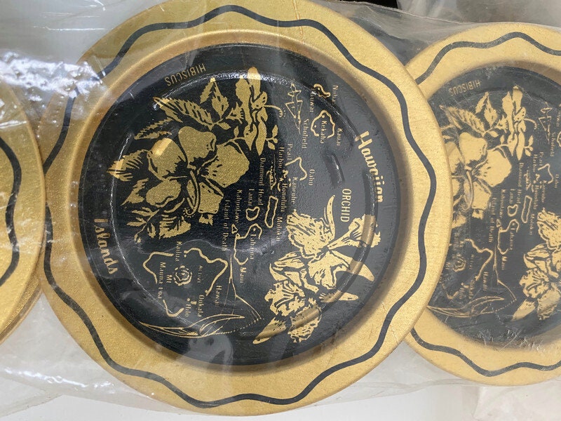 Vintage Mid Century Hawaii Tray, Black Metal Souvenir with Coasters