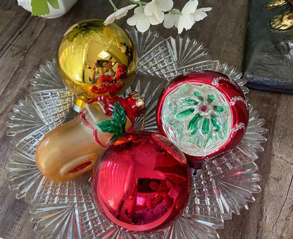 Vintage Glass Christmas Ornaments, Red and Gold Holiday Tree Decorations