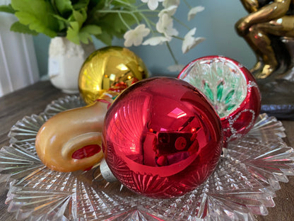 Vintage Glass Christmas Ornaments, Red and Gold Holiday Tree Decorations