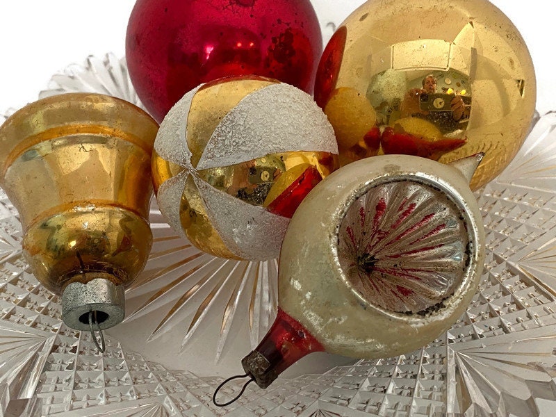 Vintage Glass Christmas Ornaments, Red and Gold Tree Decorations