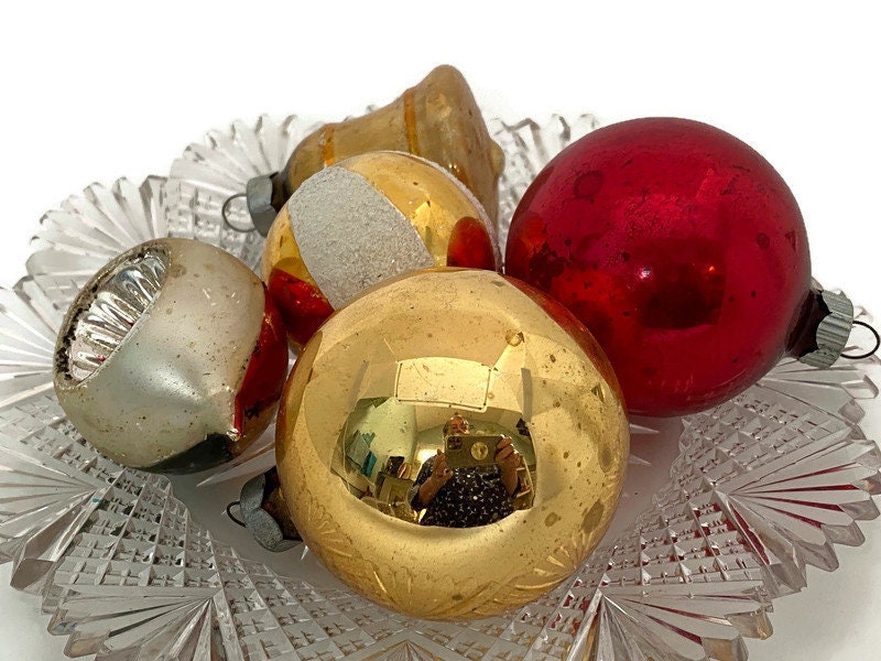 Vintage Glass Christmas Ornaments, Red and Gold Tree Decorations