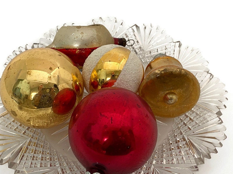 Vintage Glass Christmas Ornaments, Red and Gold Tree Decorations