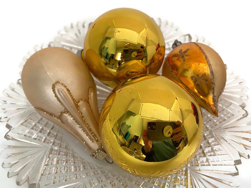 Vintage Glass Christmas Ornaments,  Gold Tree Decorations