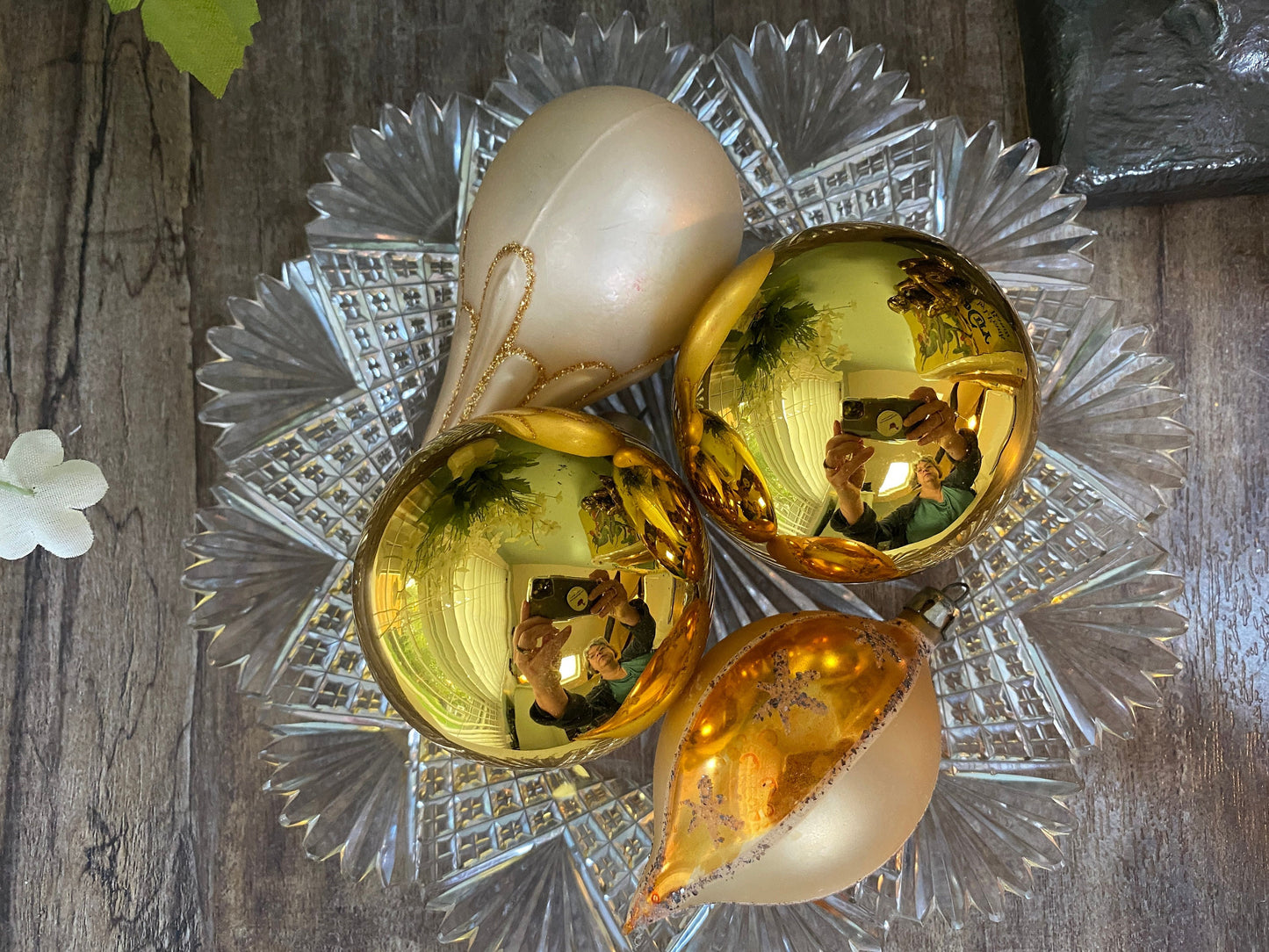 Vintage Glass Christmas Ornaments,  Gold Tree Decorations